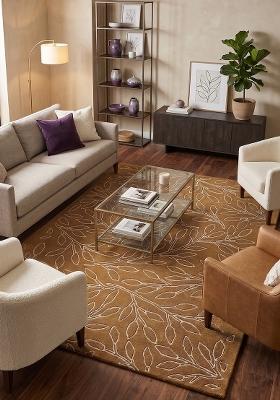 Saffron Rugs Hand Tufted Mustard Yellow Leaf Contemporary Rectangular Wool Area Rug