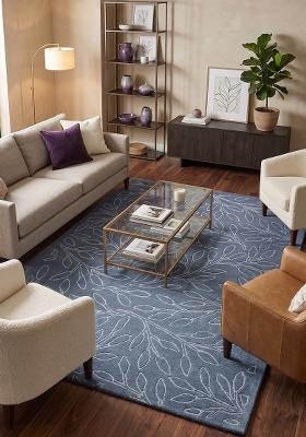 Saffron Rugs Hand Tufted Steel Blue Leaf Contemporary Rectangular Wool Area Rug