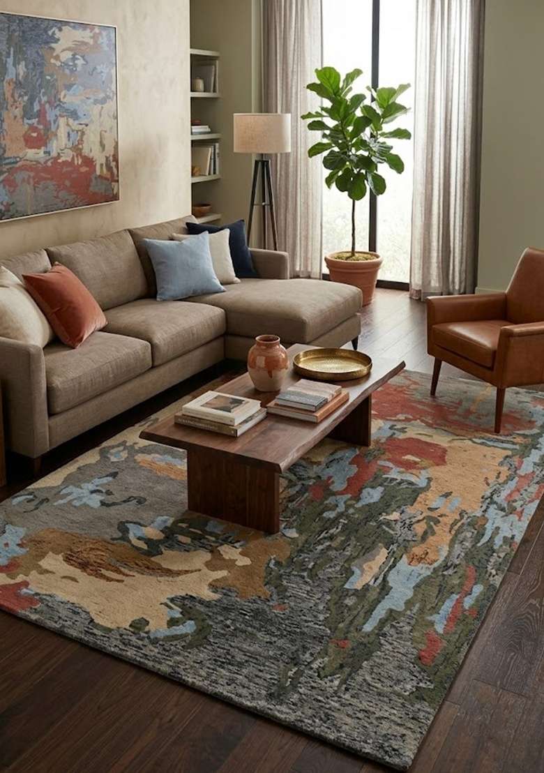Saffron Rugs Hand-Tufted 100% Wool Area Rug | Multicolor Rectangular Rug | Cotton Backing | Contemporary Swirls Home Decor Carpet for Living Room - Indya