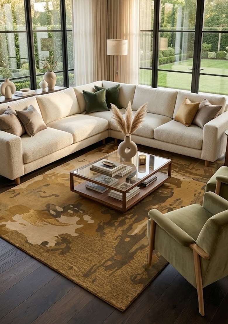Saffron Rugs Hand-Tufted 100% Wool Area Rug | Golden Brown Rectangular Rug | Cotton Backing | Contemporary Swirls Home Decor Carpet for Living Room - Indya