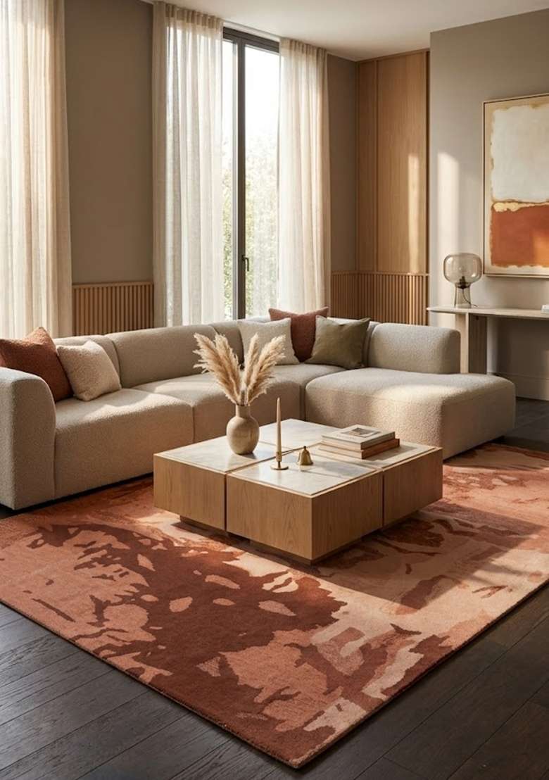 Saffron Rugs Hand-Tufted 100% Wool Area Rug | Terracotta Brown Rectangular Rug | Cotton Backing | Contemporary Marble Home Decor Carpet for Bedroom - Indya