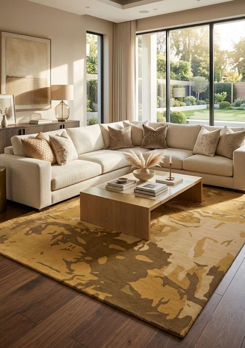 Saffron Rugs Hand-Tufted 100% Wool Area Rug | Golden Brown Rectangular Rug | Cotton Backing | Contemporary Marble Home Decor Carpet for Bedroom - Indya