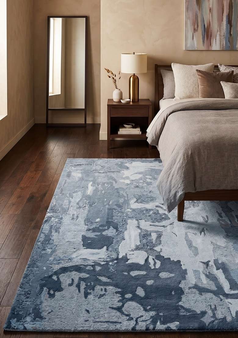 Saffron Rugs Hand-Tufted 100% Wool Area Rug | Steel Blue Rectangular Rug | Cotton Backing | Contemporary Marble Home Decor Carpet for Bedroom - Indya