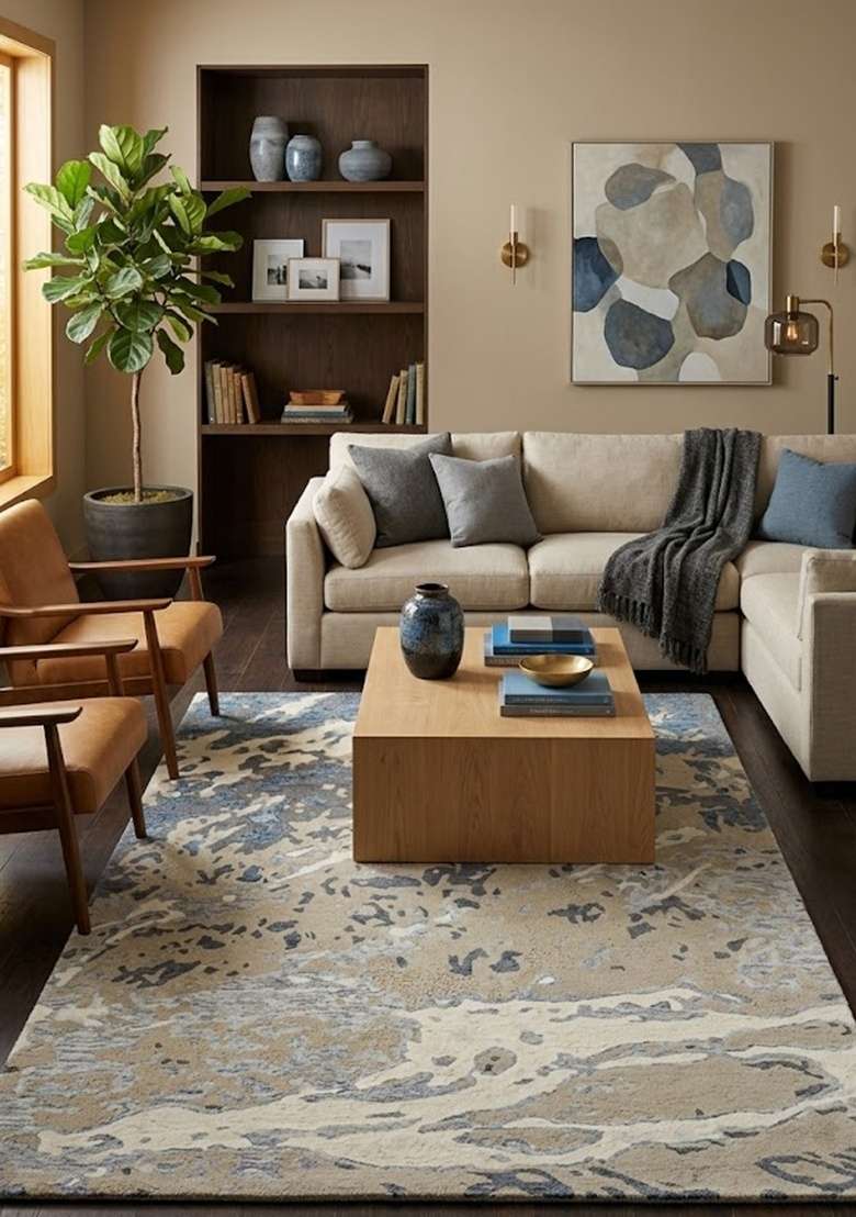 Saffron Rugs Hand-Tufted 100% Wool Area Rug | Beige Grey Blue Rectangular Rug | Cotton Backing | Contemporary Marble Home Decor Carpet for Living Room - Indya