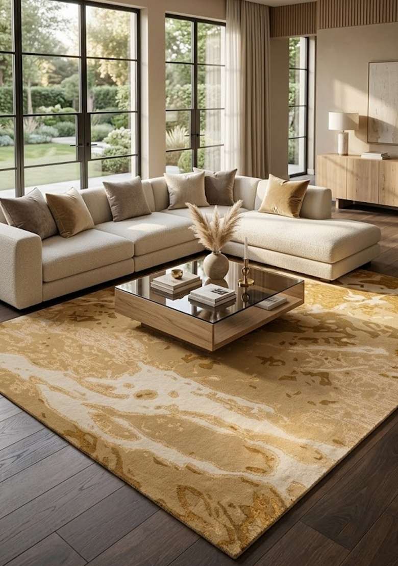 Saffron Rugs Hand-Tufted 100% Wool Area Rug | Golden Yellow Rectangular Rug | Cotton Backing | Contemporary Marble Home Decor Carpet for Living Room - Indya