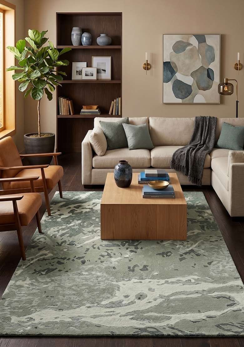 Saffron Rugs Hand-Tufted 100% Wool Area Rug | Sage Green Rectangular Rug | Cotton Backing | Contemporary Marble Home Decor Carpet for Living Room - Indya