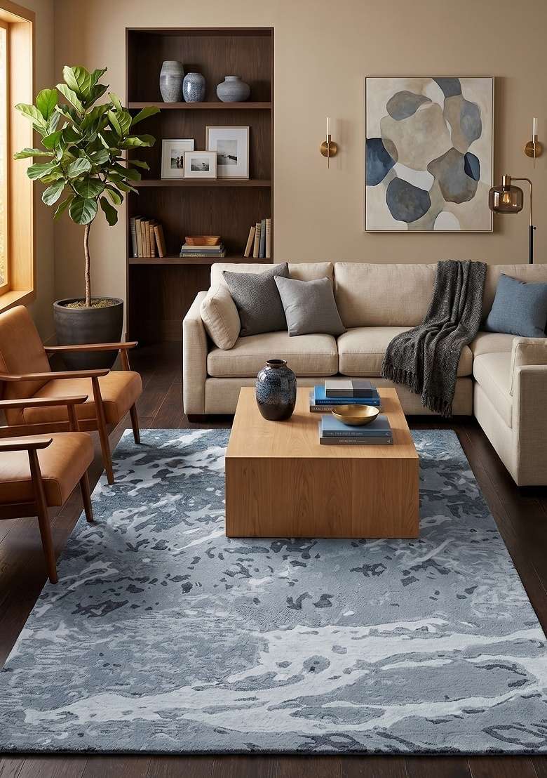 Saffron Rugs Hand-Tufted 100% Wool Area Rug | Steel Blue Grey Rectangular Rug | Cotton Backing | Contemporary Marble Home Decor Carpet for Living Room - Indya