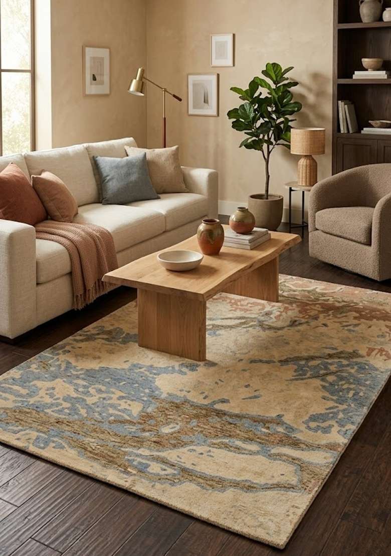 Saffron Rugs Hand-Tufted 100% Wool Area Rug | Cream Beige Blue Rectangular Rug | Cotton Backing | Contemporary Marble Home Decor Carpet for Living Room - Indya