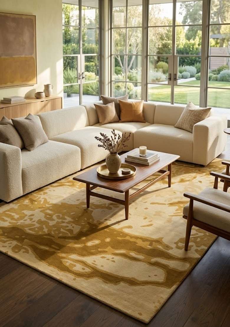 Saffron Rugs Hand-Tufted 100% Wool Area Rug | Warm Golden Beige Rectangular Rug | Cotton Backing | Contemporary Marble Home Decor Carpet for Living Room - Indya