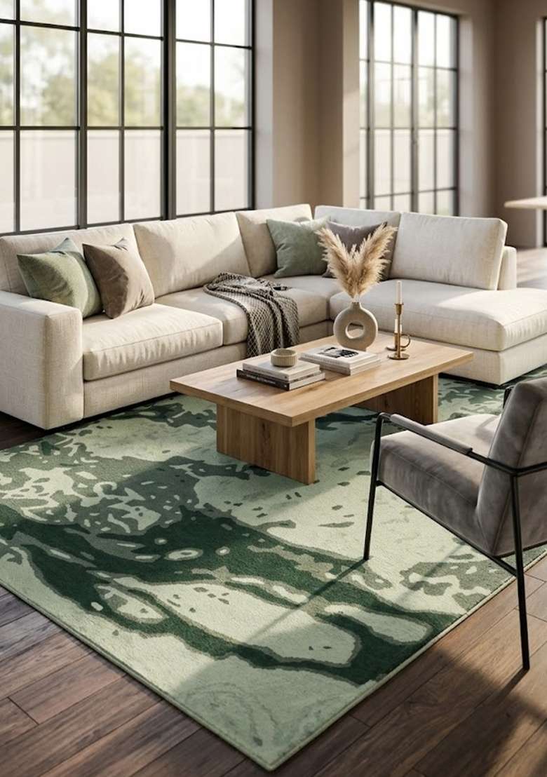 Saffron Rugs Hand-Tufted 100% Wool Area Rug | Sage Green Rectangular Rug | Cotton Backing | Contemporary Marble Home Decor Carpet for Living Room - Indya