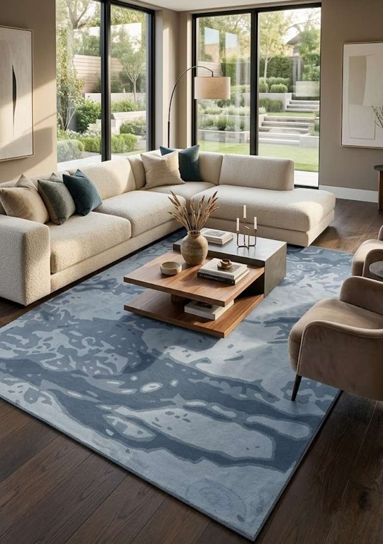 Saffron Rugs Hand-Tufted 100% Wool Area Rug | Steel Blue Grey Rectangular Rug | Cotton Backing | Contemporary Marble Home Decor Carpet for Living Room - Indya