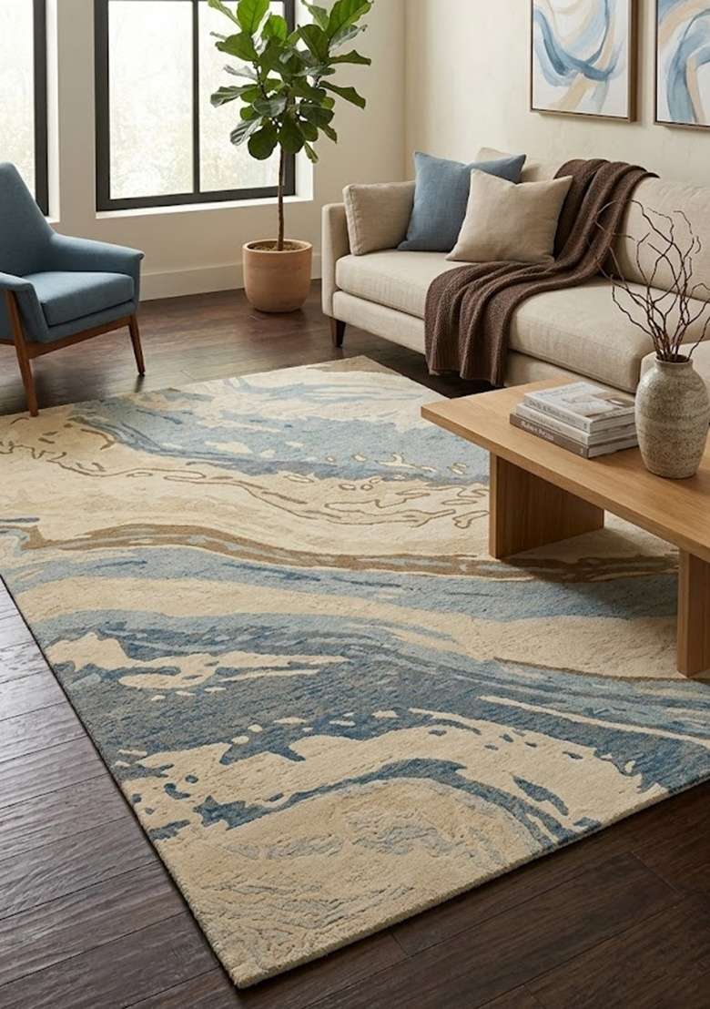 Saffron Rugs Hand-Tufted 100% Wool Area Rug | Beige Blue Rectangular Rug | Cotton Backing | Contemporary Marble Home Decor Carpet for Living Room - Indya