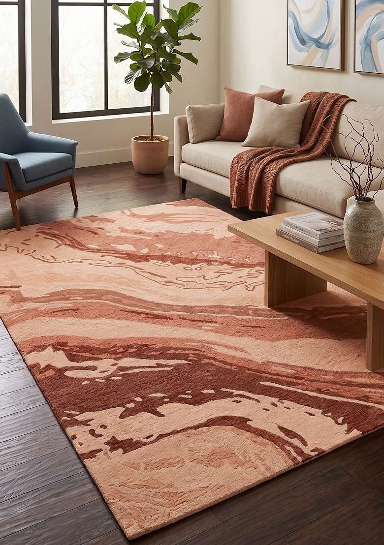 Saffron Rugs Hand-Tufted 100% Wool Area Rug | Terracotta Peach Rectangular Rug | Cotton Backing | Contemporary Marble Home Decor Carpet for Living Room - Indya