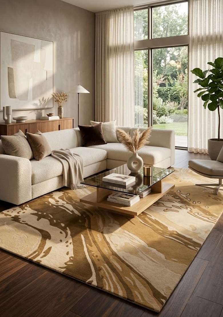Saffron Rugs Hand-Tufted 100% Wool Area Rug | Golden Tan Rectangular Rug | Cotton Backing | Contemporary Marble Home Decor Carpet for Living Room - Indya