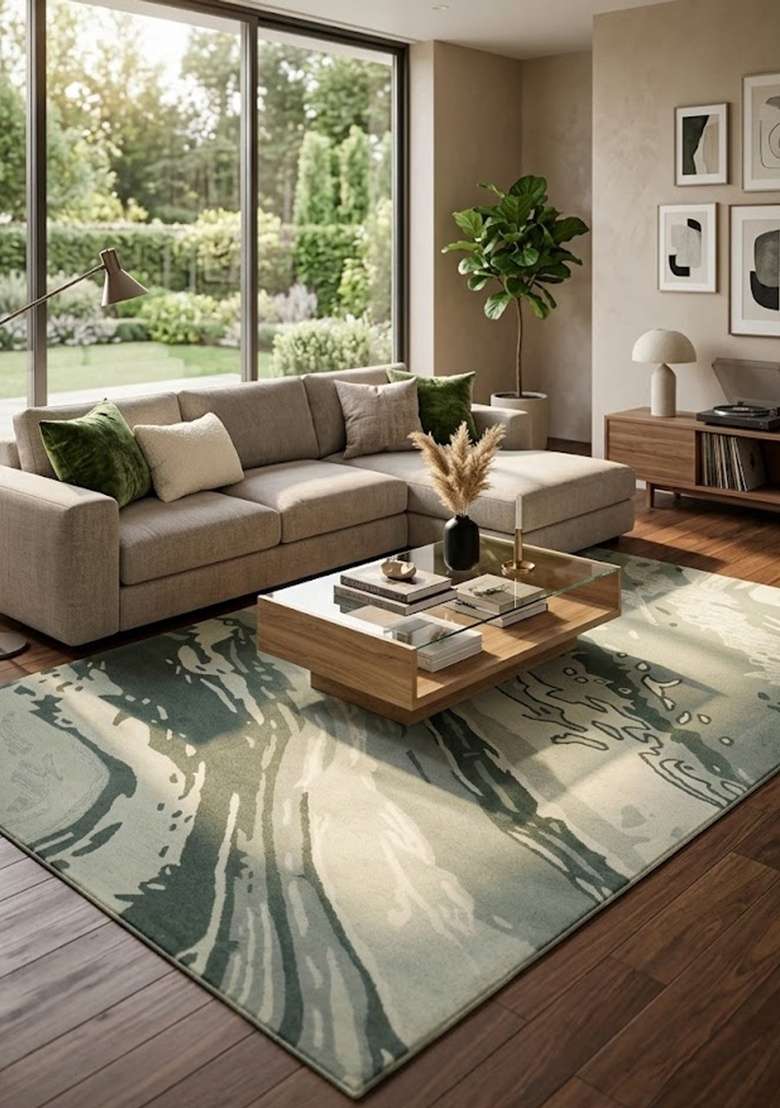 Saffron Rugs Hand-Tufted 100% Wool Area Rug | Sage Green Rectangular Rug | Cotton Backing | Contemporary Marble Home Decor Carpet for Living Room - Indya