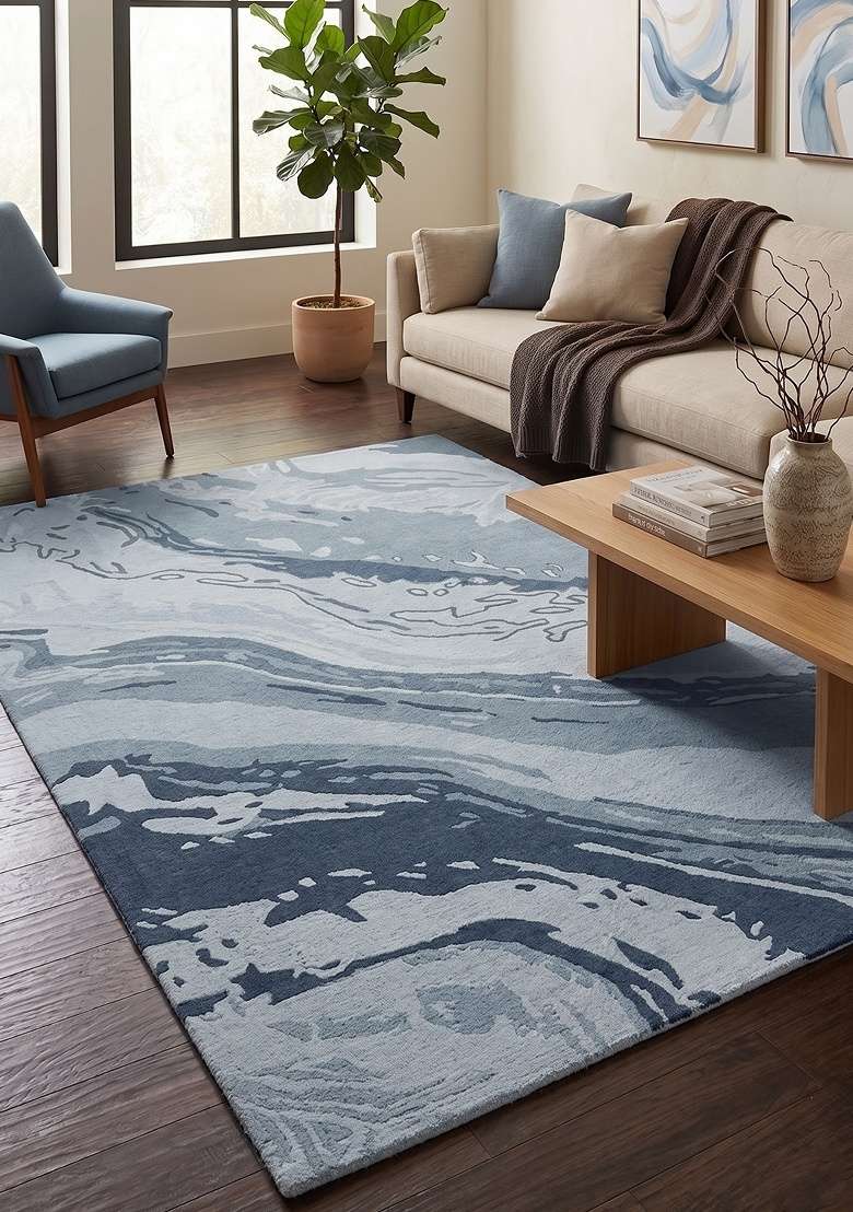 Saffron Rugs Hand-Tufted 100% Wool Area Rug | Blue Grey Rectangular Rug | Cotton Backing | Contemporary Marble Home Decor Carpet for Living Room - Indya