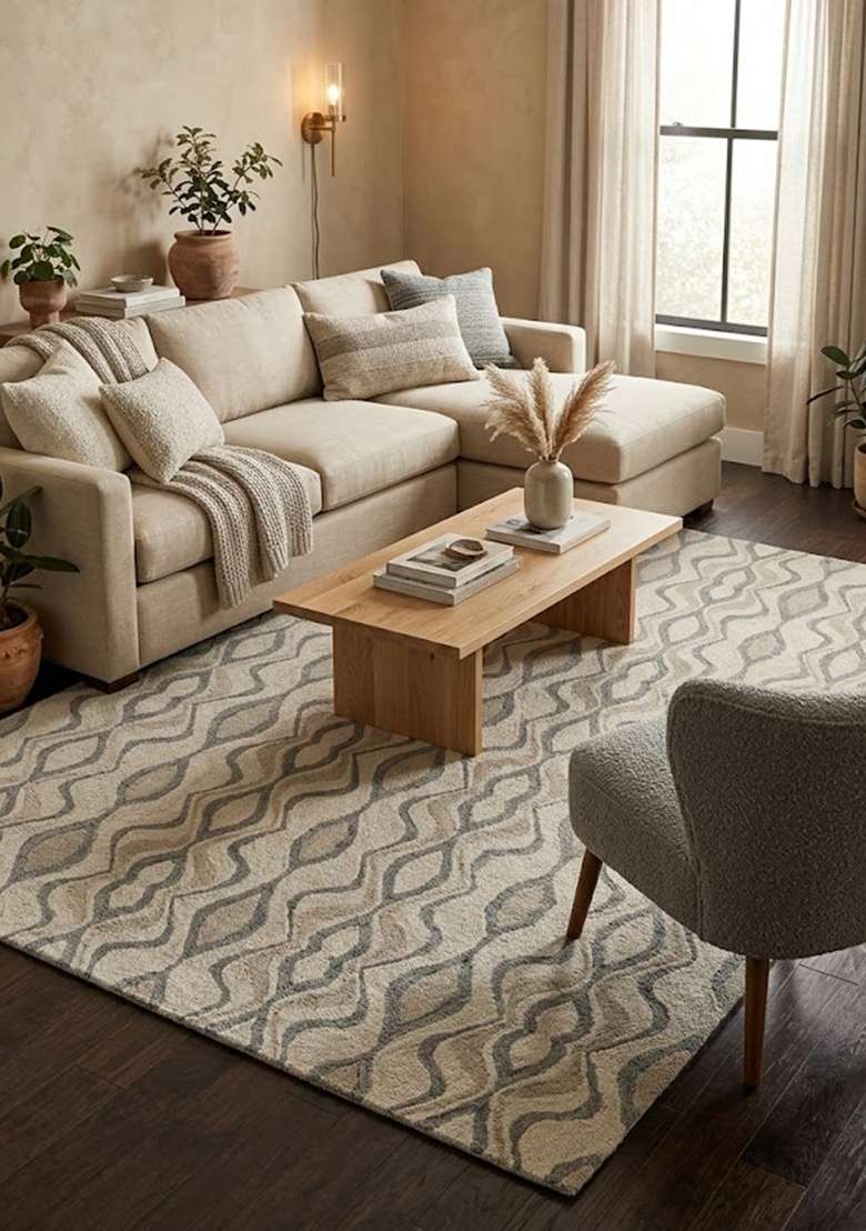 Saffron Rugs Hand-Tufted 100% Wool Area Rug | Ivory Beige Grey Rectangular Rug | Cotton Backing | Contemporary Trellis Home Decor Carpet for Living Room - Indya
