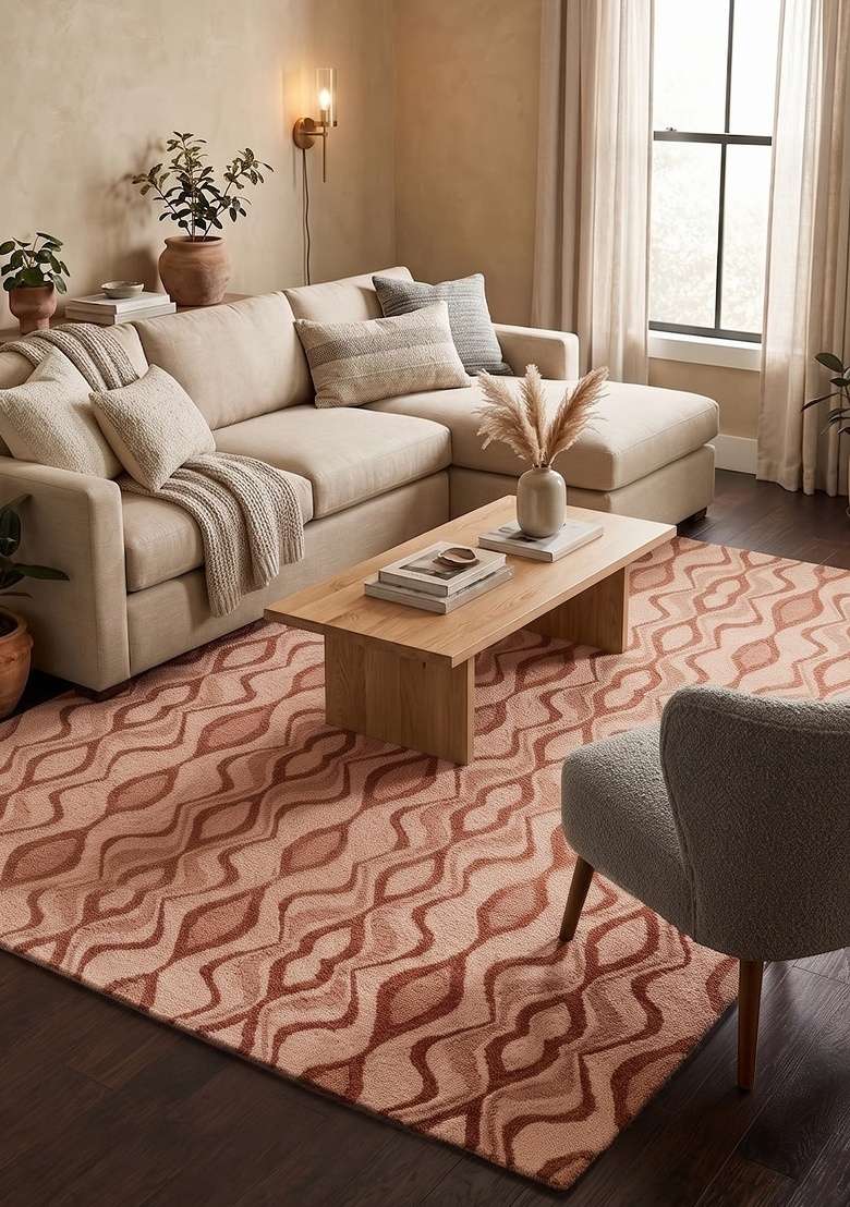 Saffron Rugs Hand-Tufted 100% Wool Area Rug | Terracotta Pink Rectangular Rug | Cotton Backing | Contemporary Trellis Home Decor Carpet for Living Room - Indya