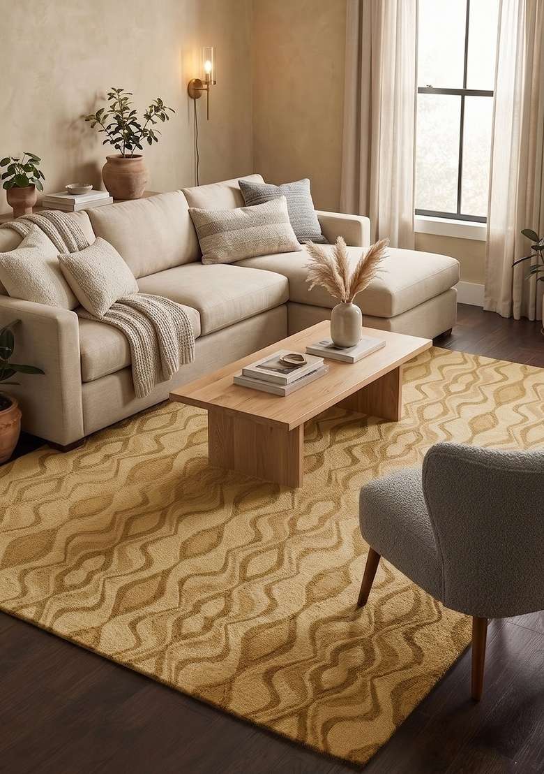 Saffron Rugs Hand-Tufted 100% Wool Area Rug | Golden Beige Rectangular Rug | Cotton Backing | Contemporary Trellis Home Decor Carpet for Living Room - Indya