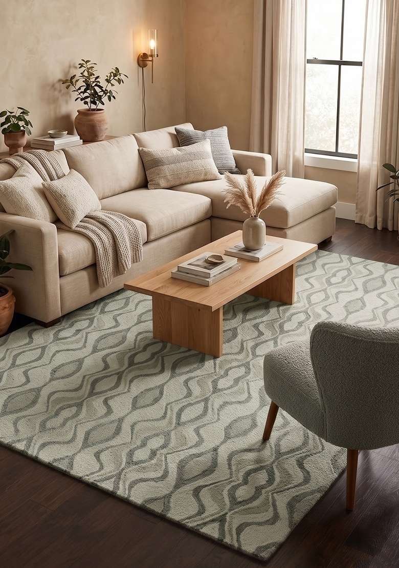 Saffron Rugs Hand-Tufted 100% Wool Area Rug | Sage Green Grey Rectangular Rug | Cotton Backing | Contemporary Trellis Home Decor Carpet for Living Room - Indya