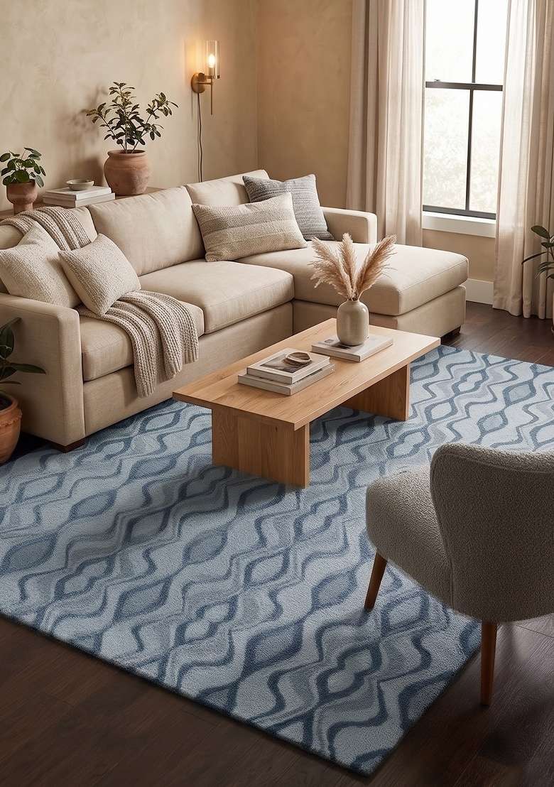 Saffron Rugs Hand-Tufted 100% Wool Area Rug | Light Blue Grey Rectangular Rug | Cotton Backing | Contemporary Trellis Home Decor Carpet for Living Room - Indya