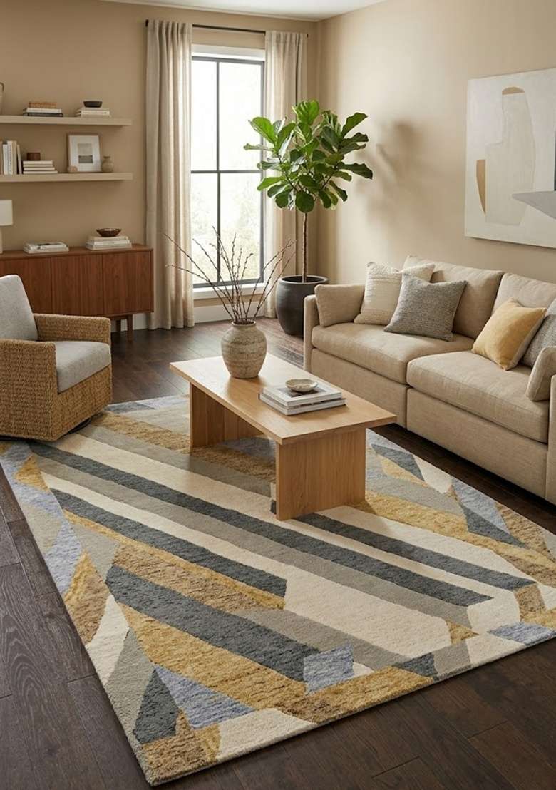 Saffron Rugs Hand-Tufted 100% Wool Area Rug | Grey Gold Beige Rectangular Rug | Cotton Backing | Contemporary Geometric Home Decor Carpet for Living Room - Indya