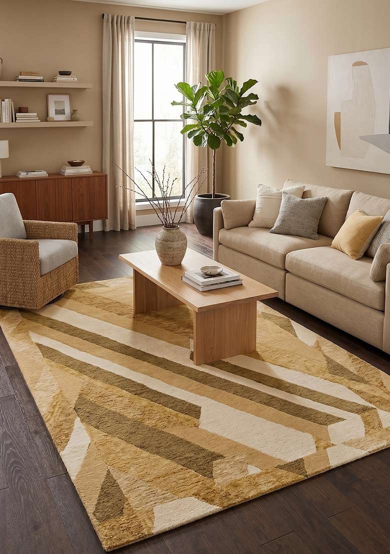 Saffron Rugs Hand-Tufted 100% Wool Area Rug | Golden Tan Rectangular Rug | Cotton Backing | Contemporary Geometric Home Decor Carpet for Living Room - Indya