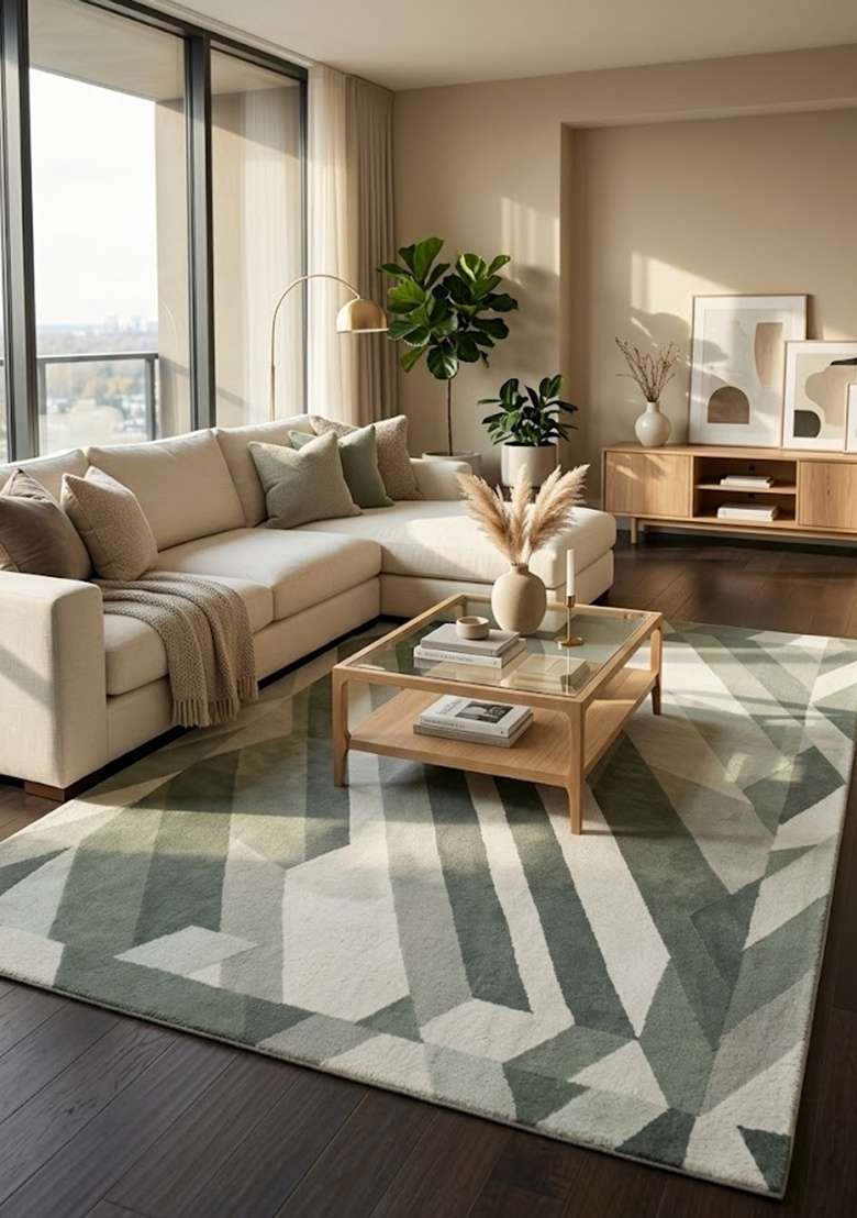 Saffron Rugs Hand-Tufted 100% Wool Area Rug | Sage Green Rectangular Rug | Cotton Backing | Contemporary Geometric Home Decor Carpet for Living Room - Indya
