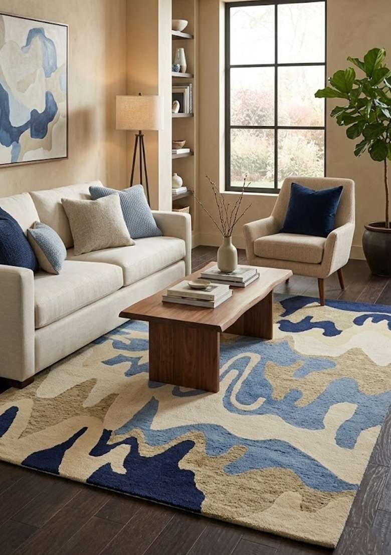 Saffron Rugs Hand-Tufted 100% Wool Area Rug | Navy Blue Cream Rectangular Rug | Cotton Backing | Contemporary Swirls Home Decor Carpet for Living Room - Indya