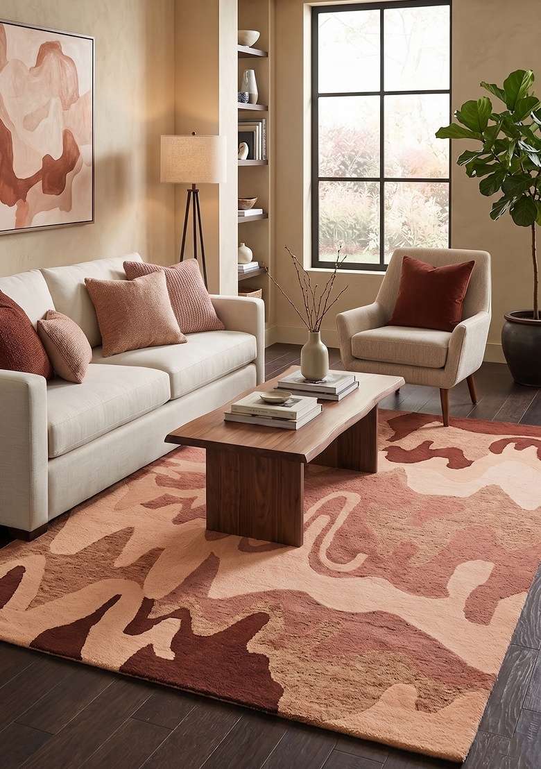 Saffron Rugs Hand-Tufted 100% Wool Area Rug | Terracotta Brown Rectangular Rug | Cotton Backing | Contemporary Swirls Home Decor Carpet for Living Room - Indya