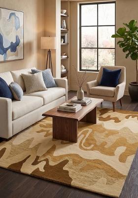 Saffron Rugs Hand Tufted Golden Tan Camouflage Contemporary Rectangular Wool Area Rug