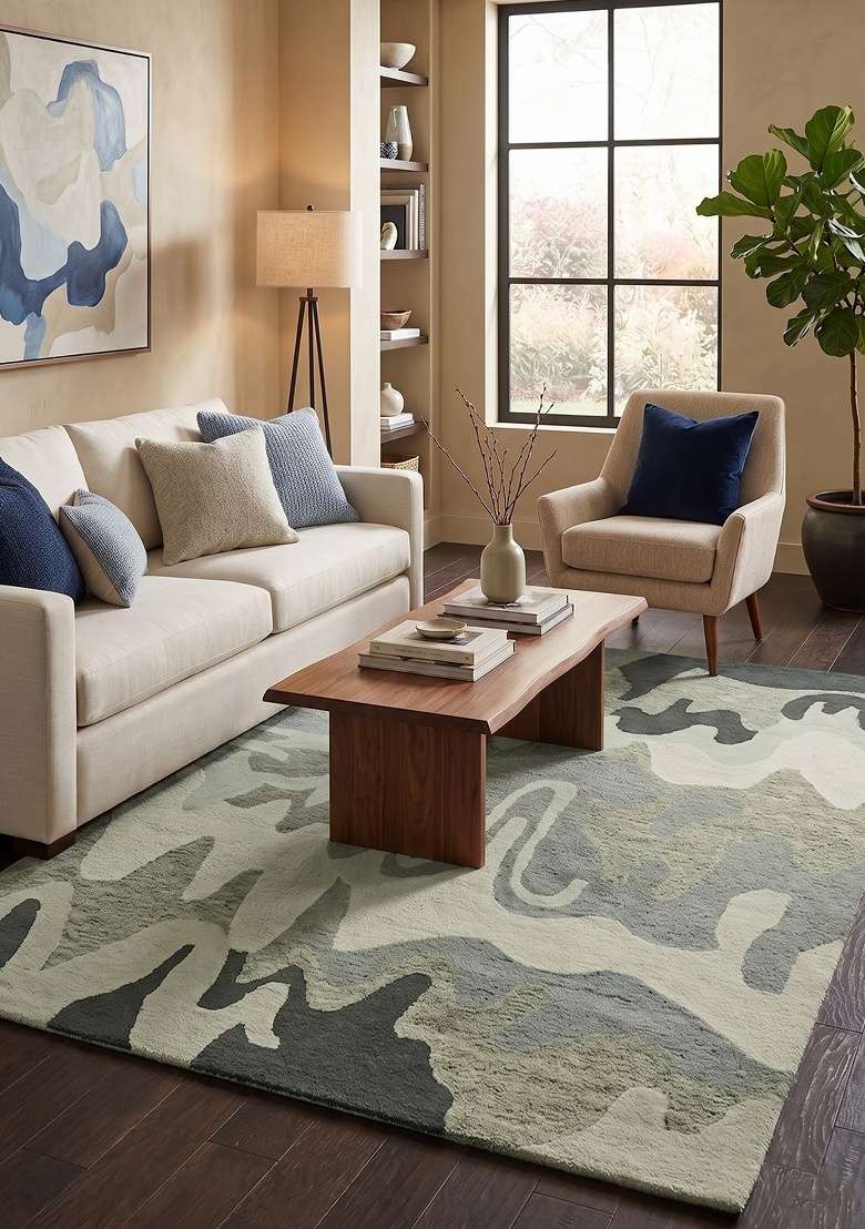 Saffron Rugs Hand-Tufted 100% Wool Area Rug | Sage Green Grey Rectangular Rug | Cotton Backing | Contemporary Swirls Home Decor Carpet for Living Room - Indya