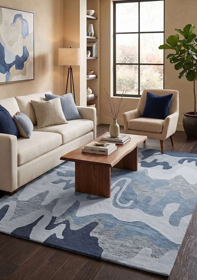 Saffron Rugs Hand-Tufted 100% Wool Area Rug | Steel Blue Grey Rectangular Rug | Cotton Backing | Contemporary Swirls Home Decor Carpet for Living Room - Indya