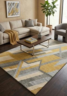 Saffron Rugs Hand Tufted Gold and Grey Geometric Contemporary Rectangular Wool Area Rug