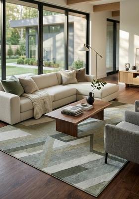 Saffron Rugs Hand Tufted Sage Green Grey Geometric Contemporary Rectangular Wool Area Rug