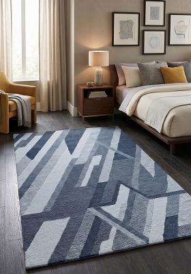 Saffron Rugs Hand Tufted Steel Blue Geometric Contemporary Rectangular Wool Area Rug