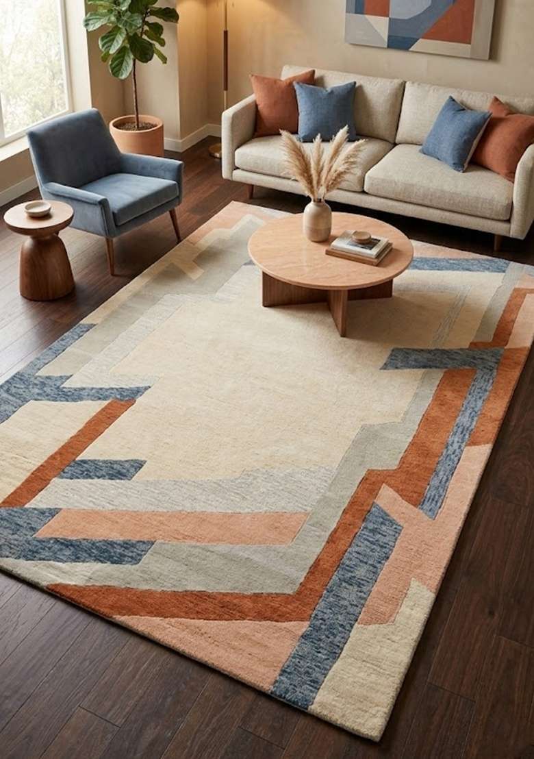 Saffron Rugs Hand-Tufted 100% Wool Area Rug | Beige Rectangular Rug | Cotton Backing | Art Deco Geometric Home Decor Carpet for Living Room - Indya