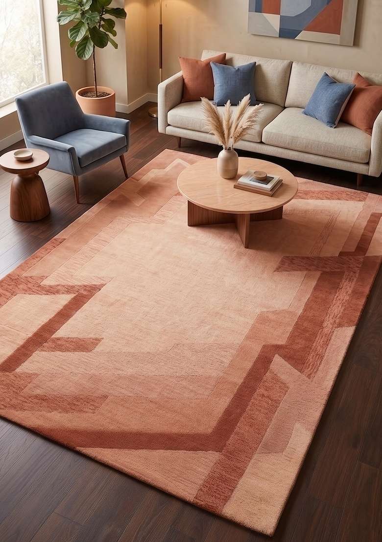 Saffron Rugs Hand-Tufted 100% Wool Area Rug | Terracotta Blush Rectangular Rug | Cotton Backing | Art Deco Geometric Home Decor Carpet for Living Room - Indya