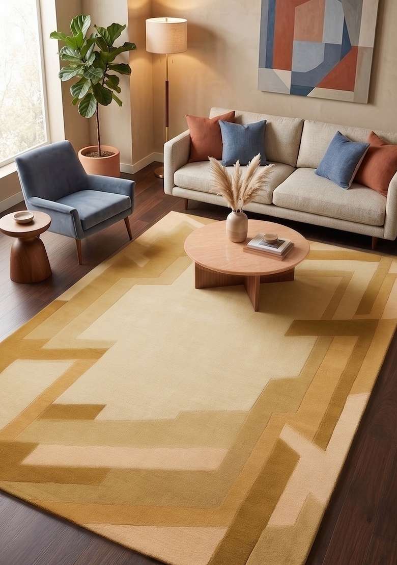 Saffron Rugs Hand-Tufted 100% Wool Area Rug | Golden Beige Rectangular Rug | Cotton Backing | Art Deco Geometric Home Decor Carpet for Living Room - Indya