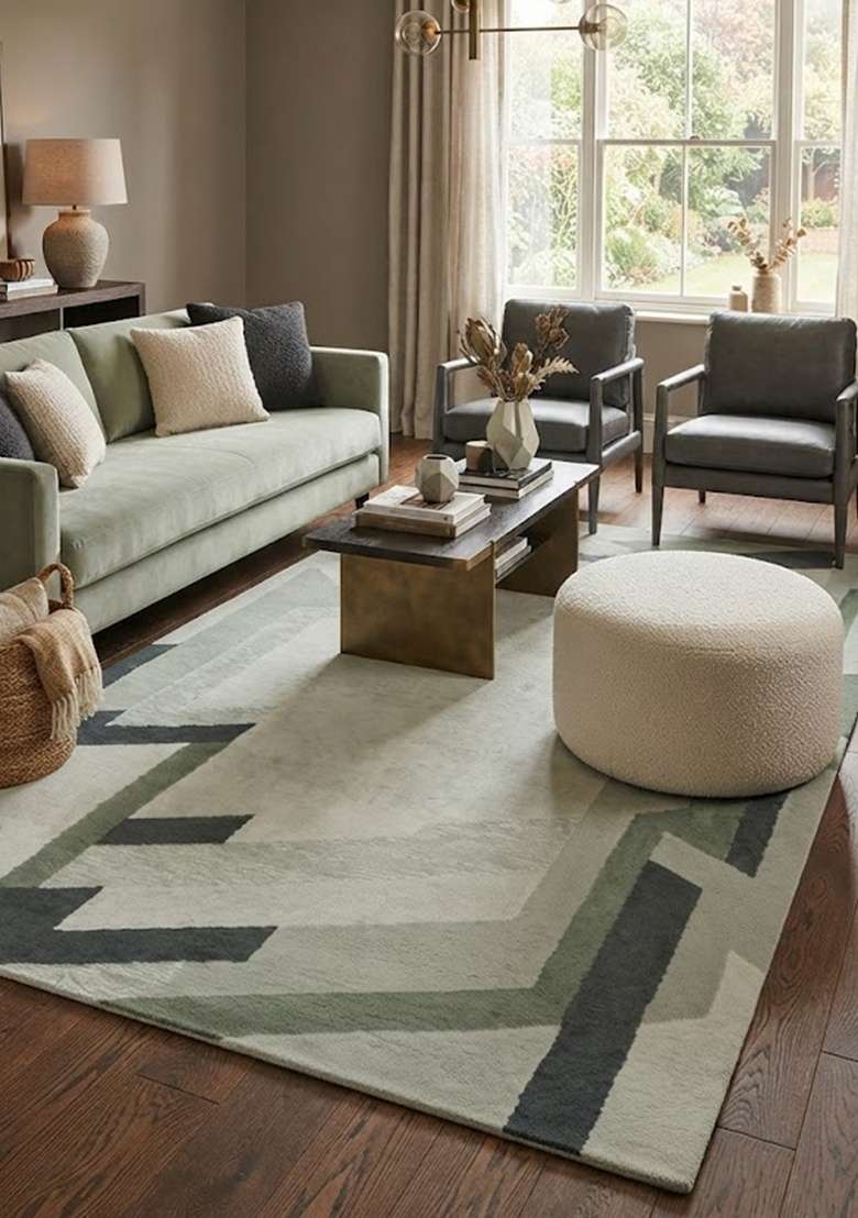 Saffron Rugs Hand-Tufted 100% Wool Area Rug | Sage Green Rectangular Rug | Cotton Backing | Art Deco Geometric Home Decor Carpet for Living Room - Indya