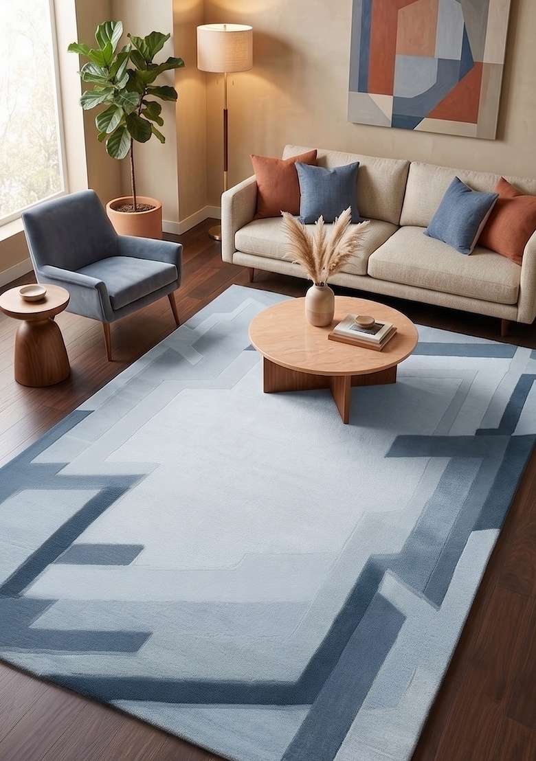 Saffron Rugs Hand-Tufted 100% Wool Area Rug | Steel Blue Rectangular Rug | Cotton Backing | Art Deco Geometric Home Decor Carpet for Living Room - Indya