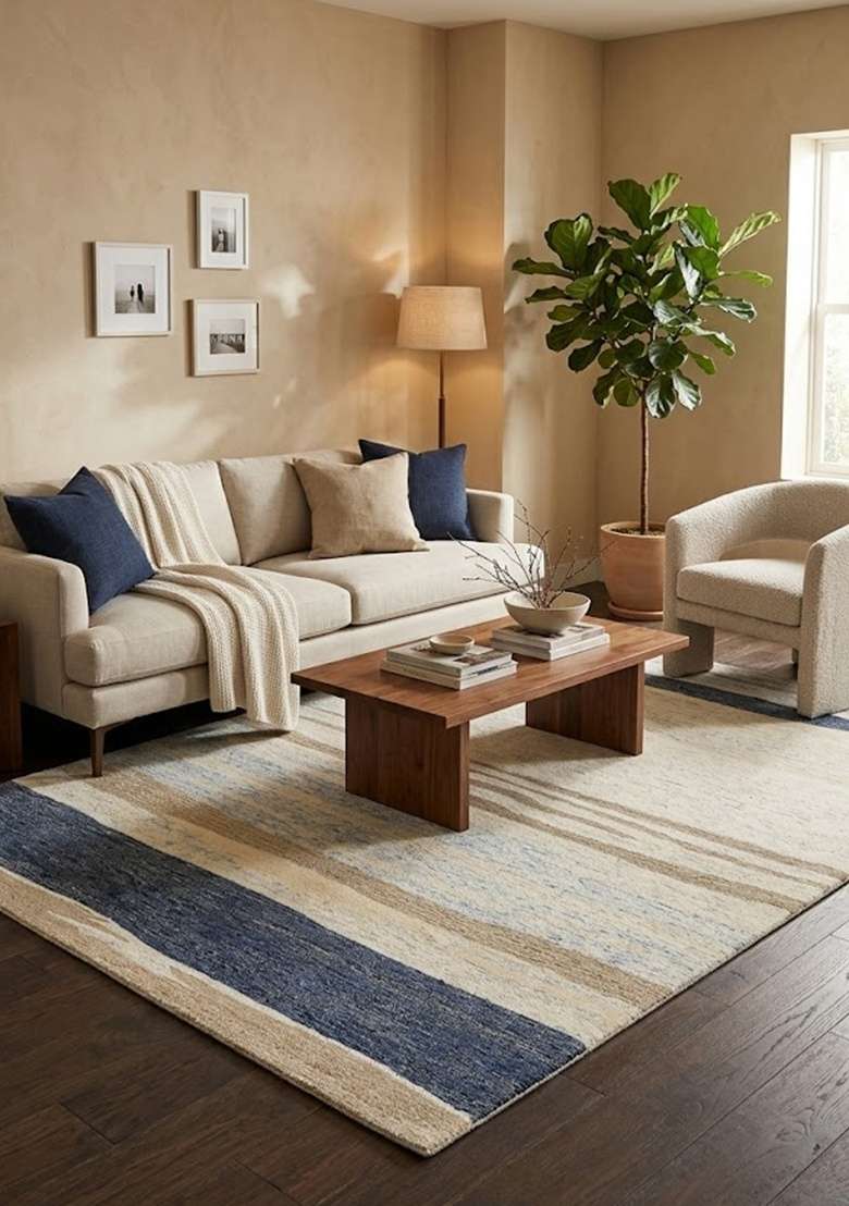 Saffron Rugs Hand-Tufted 100% Wool Area Rug | Ivory Blue Tan Rectangular Rug | Cotton Backing | Contemporary Striped Home Decor Carpet for Living Room - Indya