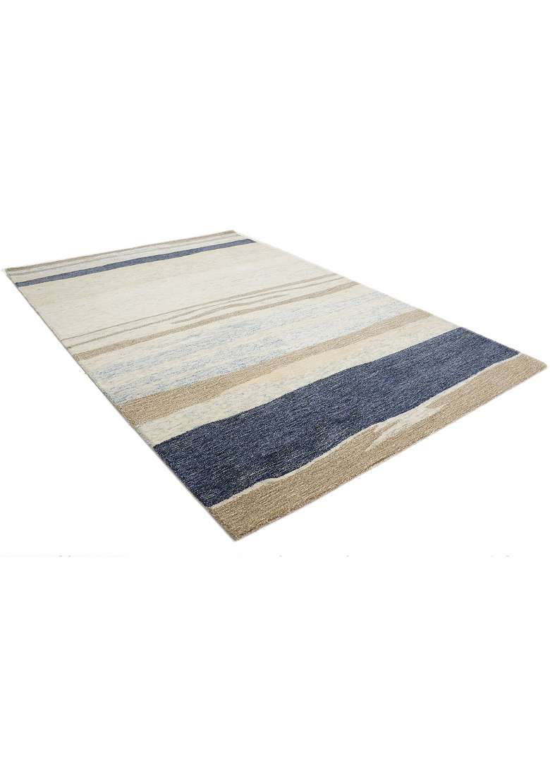 Saffron Rugs Hand-Tufted 100% Wool Area Rug | Ivory Blue Tan Rectangular Rug | Cotton Backing | Contemporary Striped Home Decor Carpet for Living Room - Indya