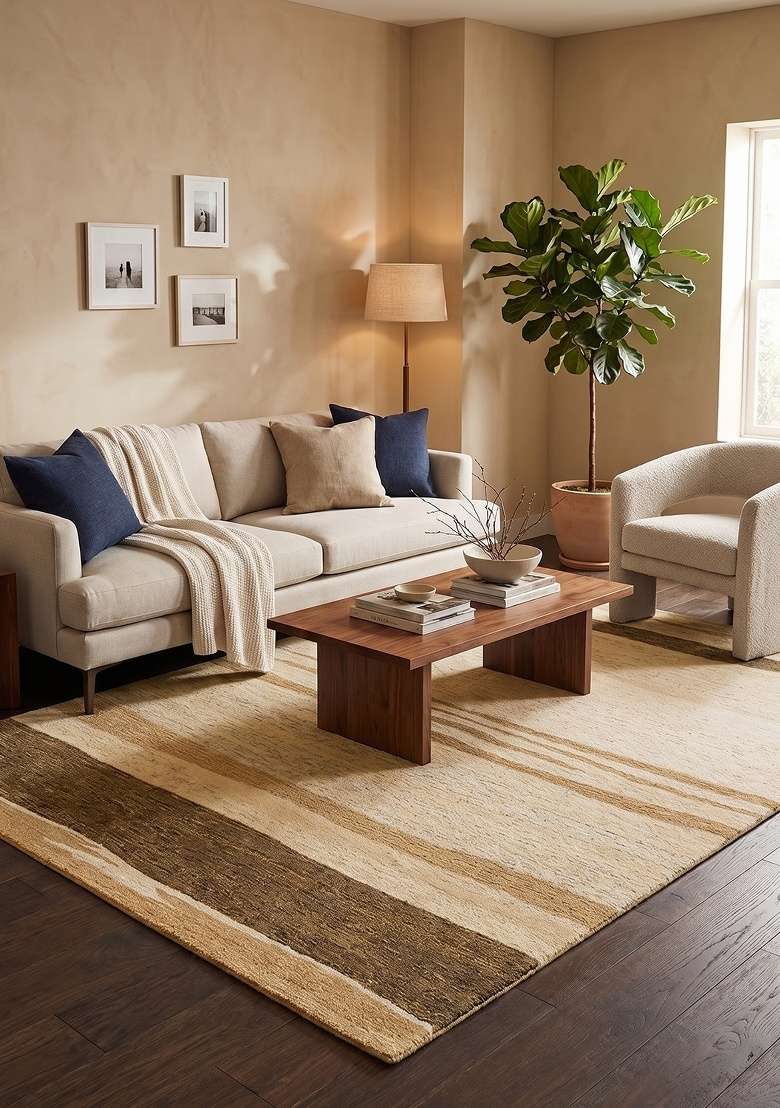 Saffron Rugs Hand-Tufted 100% Wool Area Rug | Golden Yellow Rectangular Rug | Cotton Backing | Contemporary Striped Home Decor Carpet for Living Room - Indya