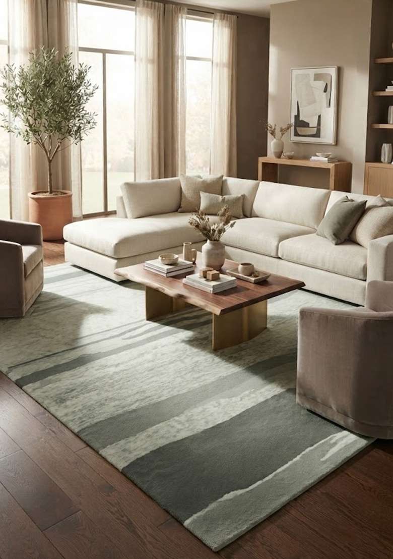 Saffron Rugs Hand-Tufted 100% Wool Area Rug | Sage Green Grey Rectangular Rug | Cotton Backing | Contemporary Striped Home Decor Carpet for Living Room - Indya
