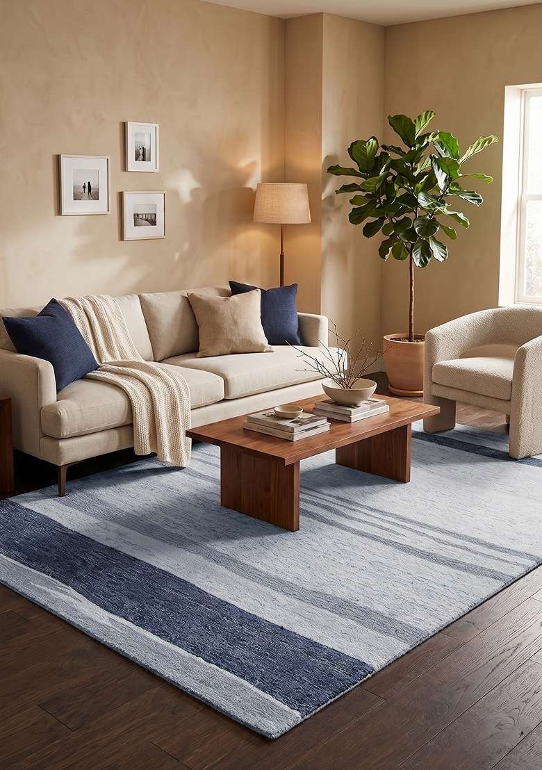 Saffron Rugs Hand-Tufted 100% Wool Area Rug | Light Blue Rectangular Rug | Cotton Backing | Contemporary Striped Home Decor Carpet for Living Room - Indya