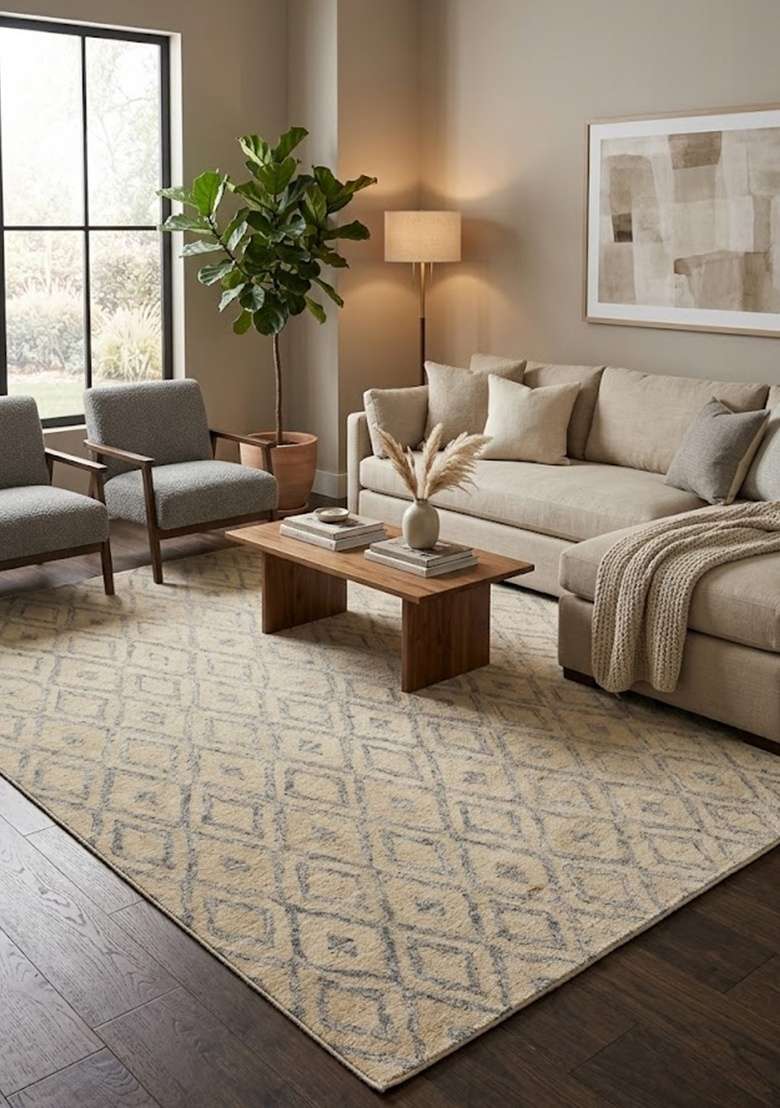 Saffron Rugs Hand-Tufted 100% Wool Area Rug | Beige Gold Rectangular Rug | Cotton Backing | Moroccan Geometric Home Decor Carpet for Living Room - Indya