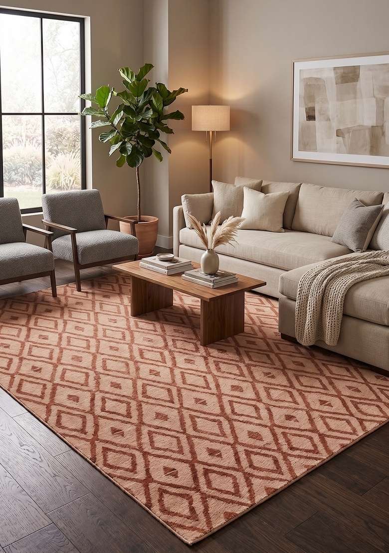 Saffron Rugs Hand-Tufted 100% Wool Area Rug | Blush Pink Rectangular Rug | Cotton Backing | Moroccan Geometric Home Decor Carpet for Living Room - Indya
