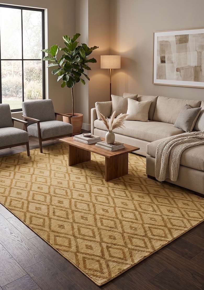 Saffron Rugs Hand-Tufted 100% Wool Area Rug | Golden Beige Rectangular Rug | Cotton Backing | Moroccan Geometric Home Decor Carpet for Living Room - Indya