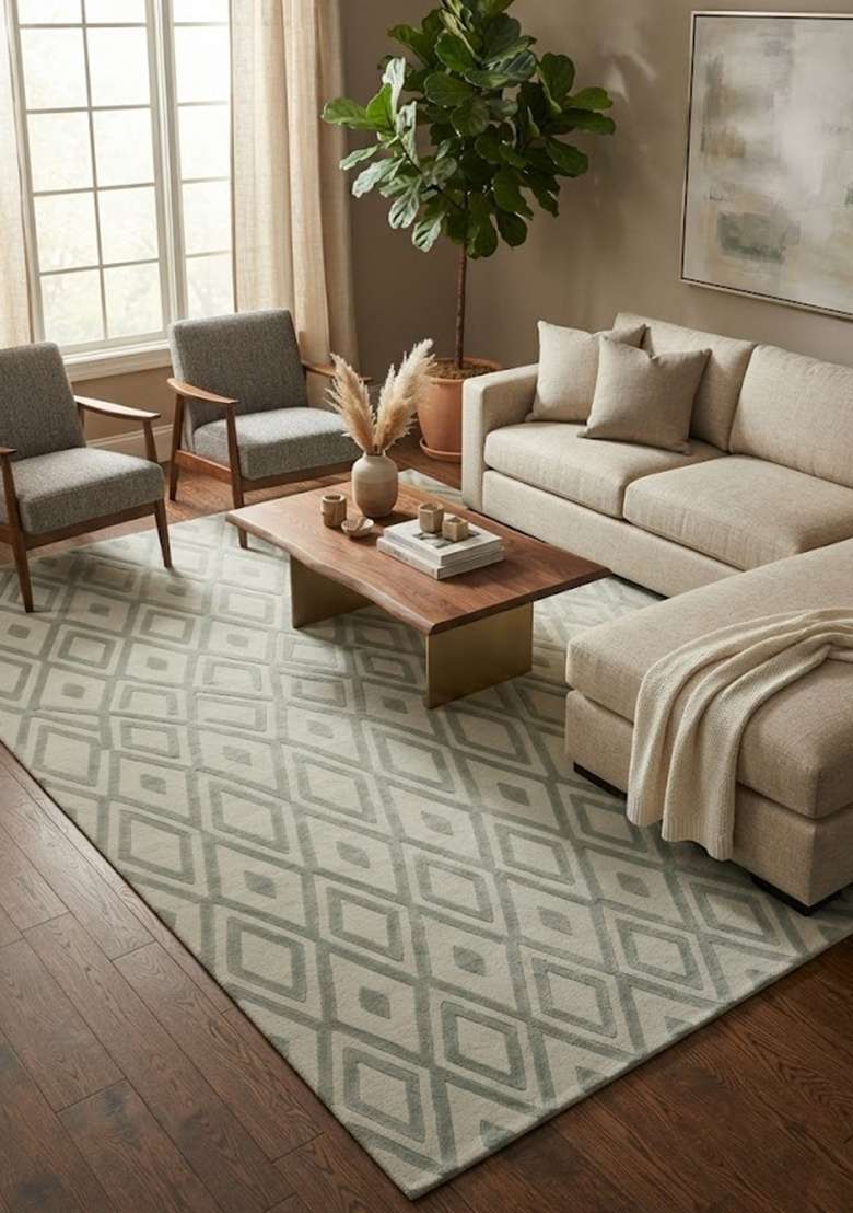 Saffron Rugs Hand-Tufted 100% Wool Area Rug | Sage Grey Rectangular Rug | Cotton Backing | Moroccan Geometric Home Decor Carpet for Living Room - Indya